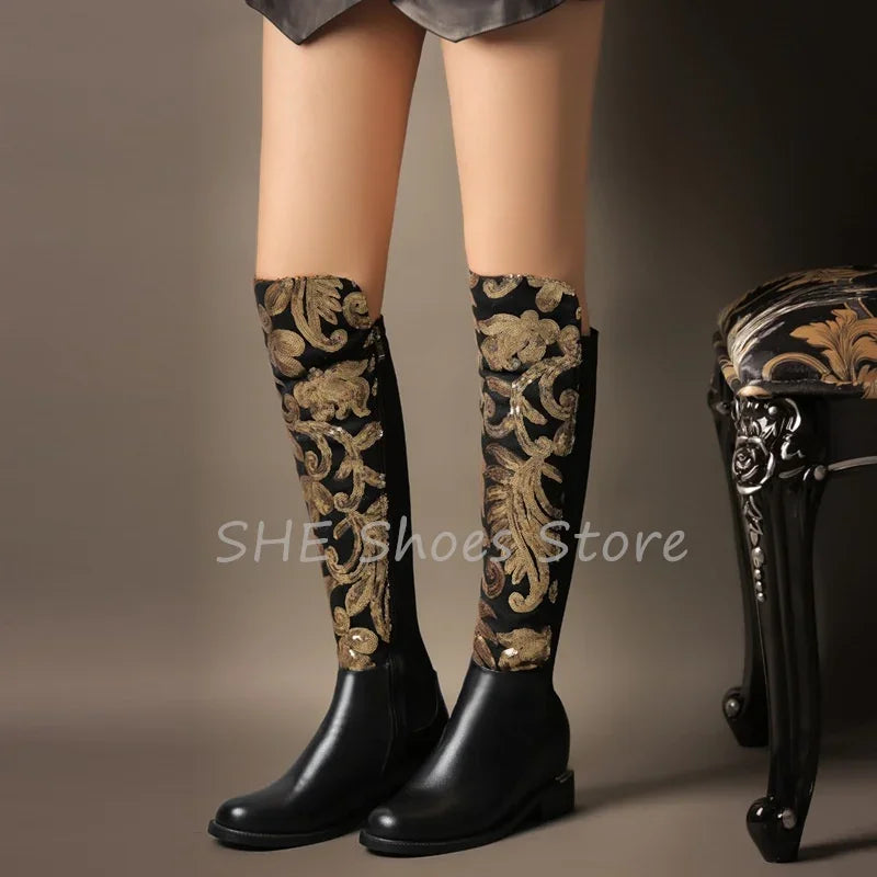 Luxury  Golden Embroidery Women Knee High Boots - Chunky Heel Leather  Round Toe Long Boots @ ghoddosh.com