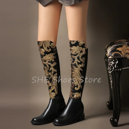 Luxury  Golden Embroidery Women Knee High Boots - Chunky Heel Leather  Round Toe Long Boots @ ghoddosh.com