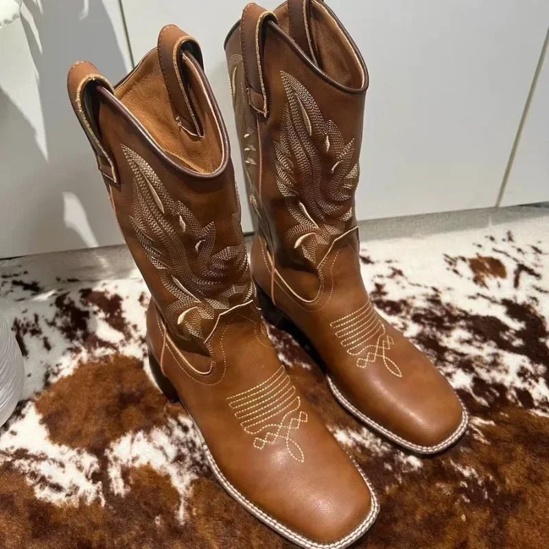 Embroidered brown cowboy boots — square toe and chunky mid-calf heel. - Ghoddosh