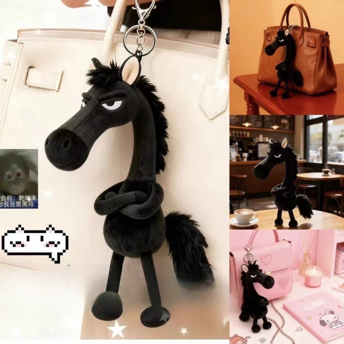 2026 New Black Horse Backpack Ornament / Plush Keychain Back Bag Cartoon Décor @ghoddosh.com