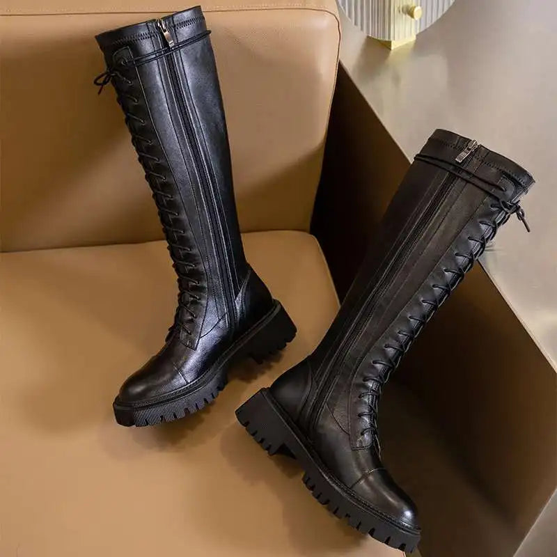 Genuine Leather Round Toe High Heel Riding Boots / Cross-tied Vintage Gladiator Lady Casual Platform Knee-high Boots .Ghoddosh

