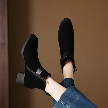 New  Women Genuine Leather  Chelsea Boots - Square  Heels Short Ankle Boots - ghoddosh.com