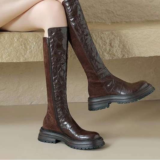 Vintage Sheep Leather Round Toe Winter  Equestrian Boots   Med Heels Slip On Platform Punk Thigh High Boots - Ghoddosh