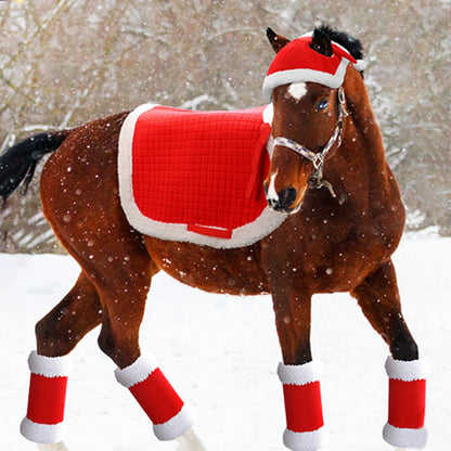 6Pcs Christmas Santa Red Horse Hat & Leg Wraps & Horse Saddle Santa Hat Leg Wraps Western Saddle Pad for Christmas Horses Décor @ghoddosh.com
