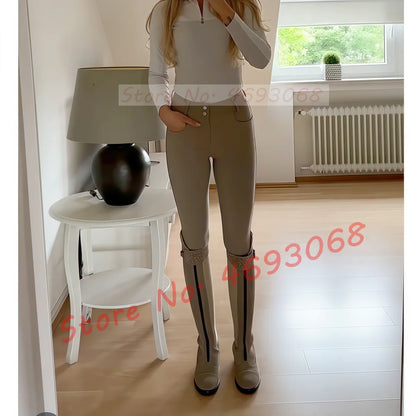 Women's Chunky Med Heel Cow Leather Thigh High Riding Boots