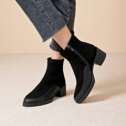 Women Ankle Boots -  Genuine Leather  Square Heels Women Booties - ghoddosh.com
