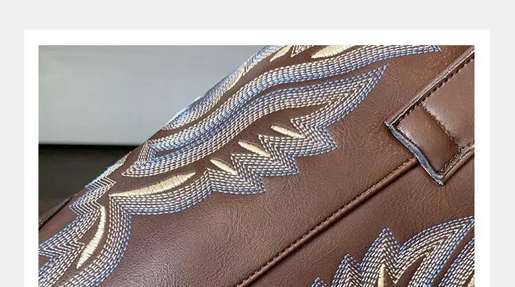 Embroidered brown cowboy boots — square toe and chunky mid-calf heel. - Ghoddosh