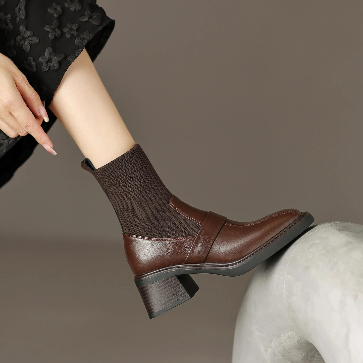 Retro Cow Split Leather Chelsea Boots — Square Toe, Platform Block Heel - Ghoddosh
