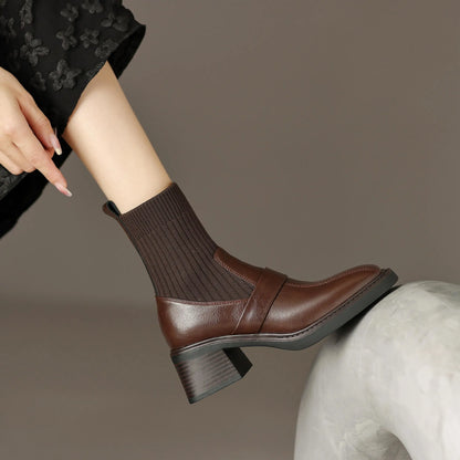 Retro Cow Split Leather Chelsea Boots — Square Toe, Platform Block Heel - Ghoddosh