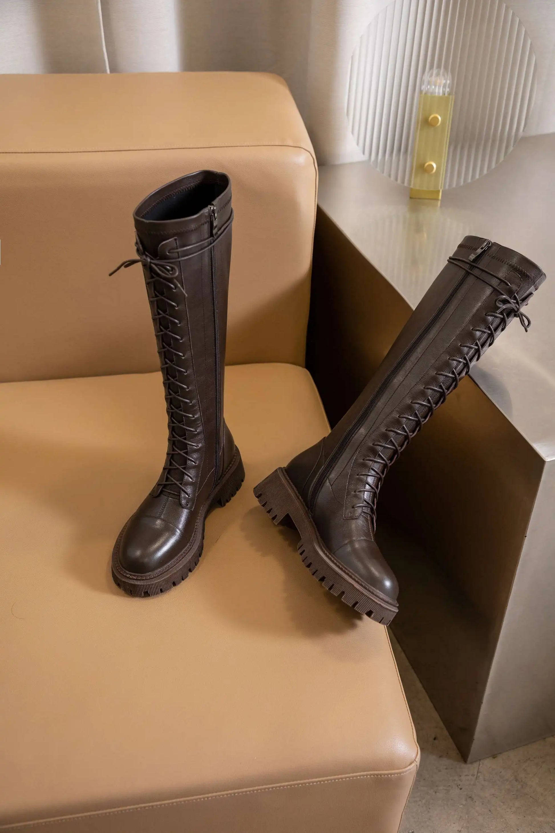 Genuine Leather Round Toe High Heel Riding Boots / Cross-tied Vintage Gladiator Lady Casual Platform Knee-high Boots .Ghoddosh

