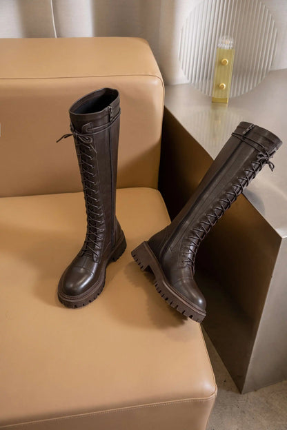 Genuine Leather Round Toe High Heel Riding Boots / Cross-tied Vintage Gladiator Lady Casual Platform Knee-high Boots .Ghoddosh

