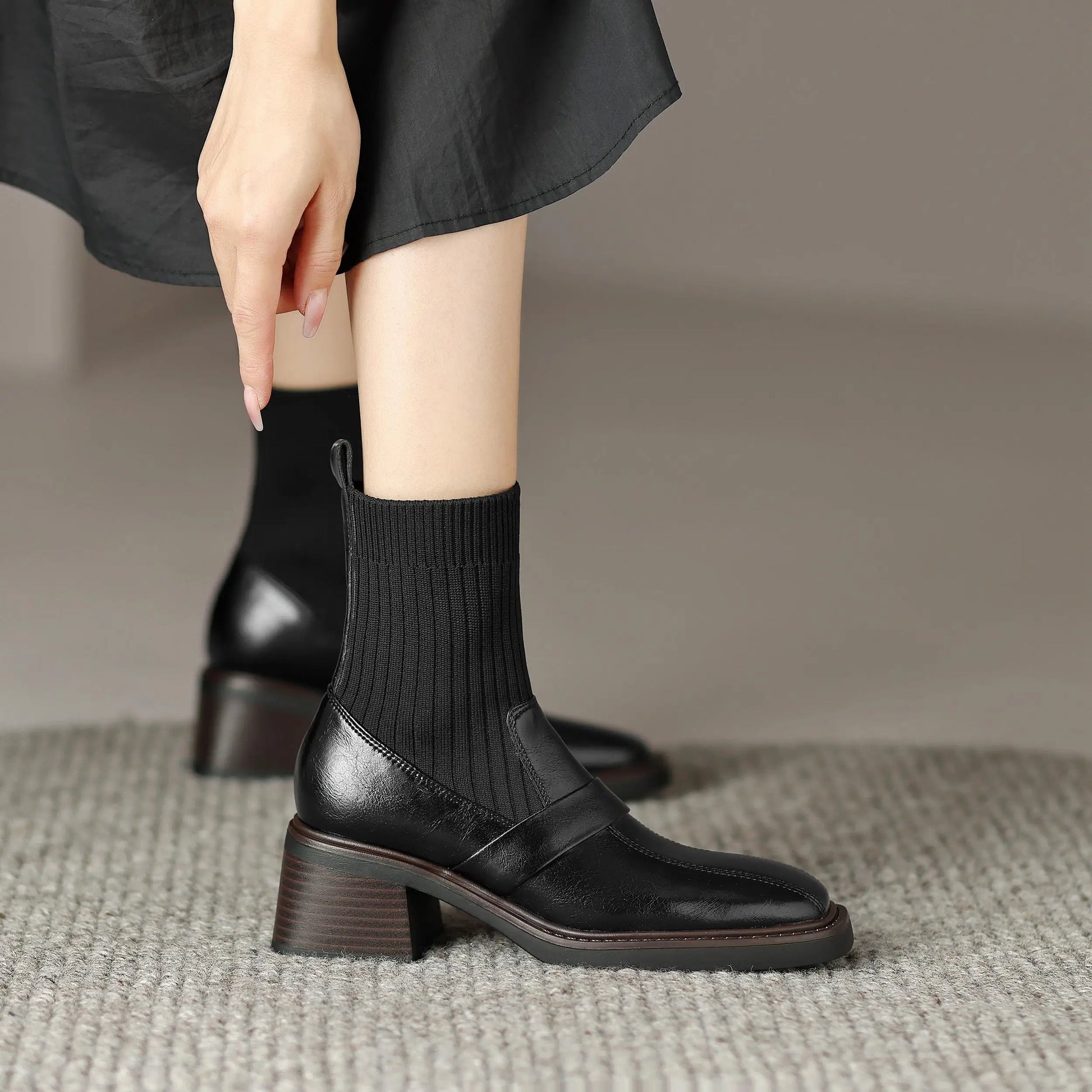 Retro Cow Split Leather Chelsea Boots — Square Toe, Platform Block Heel - Ghoddosh