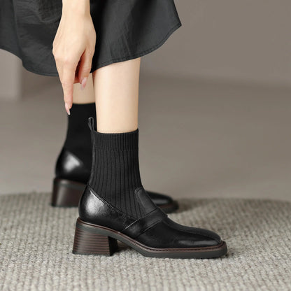 Retro Cow Split Leather Chelsea Boots — Square Toe, Platform Block Heel - Ghoddosh