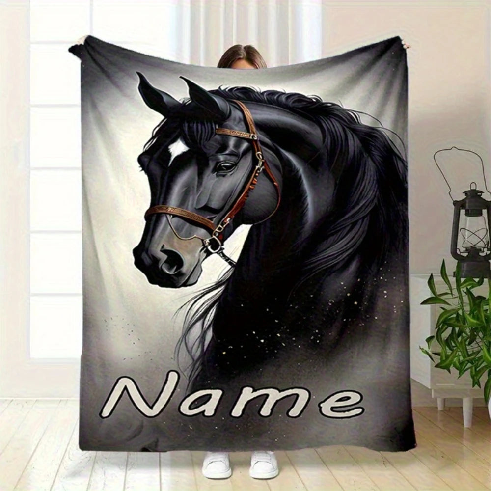 Personalized Custom Name Black Horse Flannel Blanket / Soft Flannel - ghoddosh.com