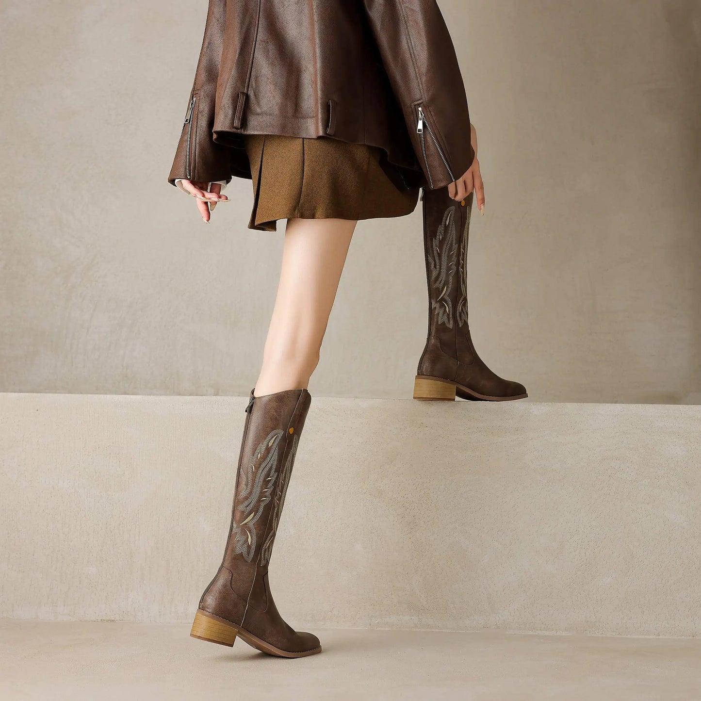 Cow Leather Embroider High Heels Modern Western Boots - Ghoddosh