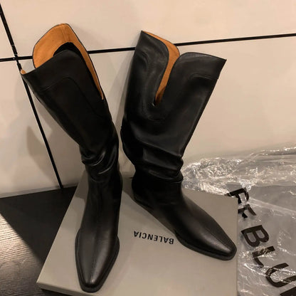 2026 New Cow Leather Round Toe Low Heels Winter Warm Riding Knee Boots  - ghoddosh.com