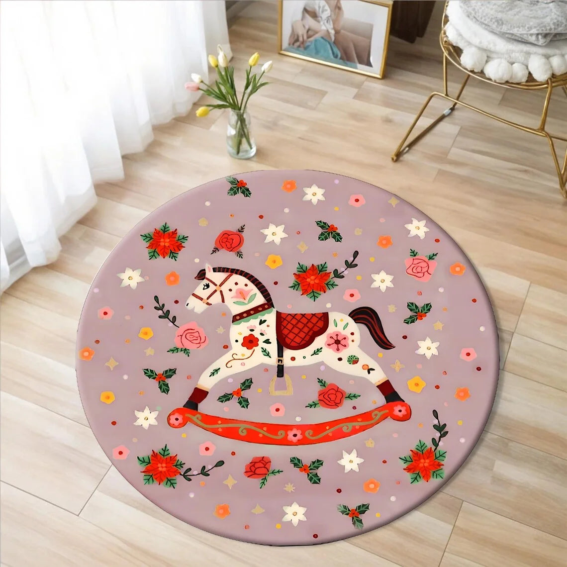 Christmas Horse Printed Circle Carpet - Round  Kids Non-slip Floor Rug @ghoddosh.com