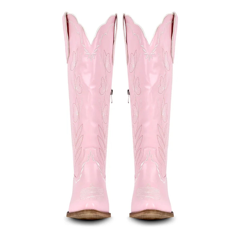 Women's Pink Knee-High Cowgirl Boots  Chunky Mid-Heel Pull-On Western Booties @ ghoddosh.com