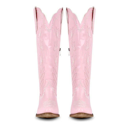 Women's Pink Knee-High Cowgirl Boots  Chunky Mid-Heel Pull-On Western Booties @ ghoddosh.com