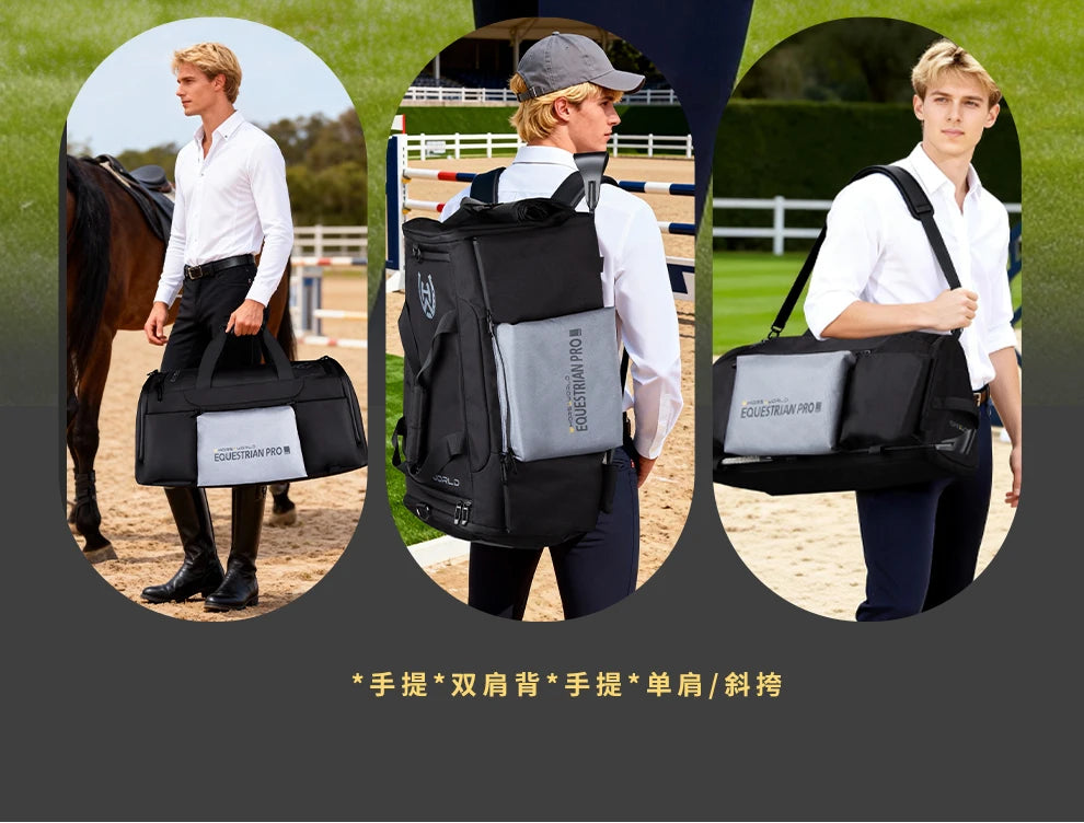 2-in-1 Riding Gear Bag: Convertible Backpack/Crossbody with Individual Pockets for Boots, Helmet & Whip