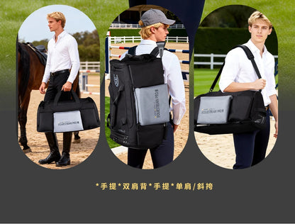 2-in-1 Riding Gear Bag: Convertible Backpack/Crossbody with Individual Pockets for Boots, Helmet & Whip