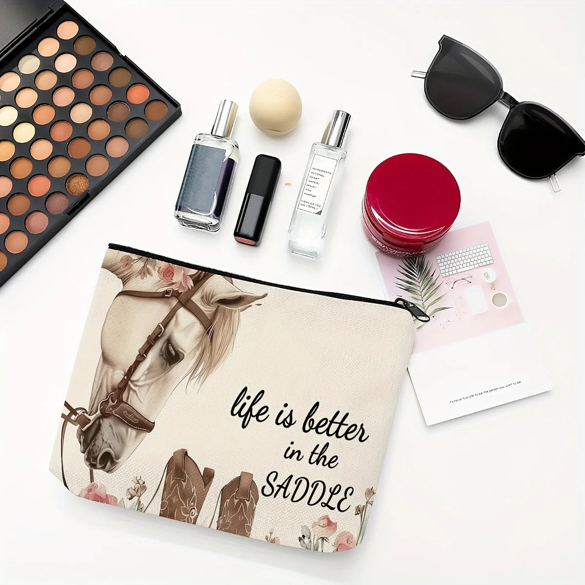 Western Makeup Bag  with Horses and Flowers pattern , Thrive Beautifully on A Saddle with This piece of Art @ ghoddosh.com