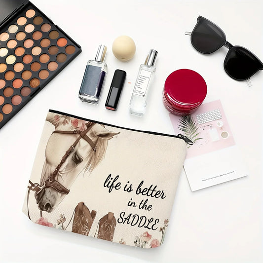 Western Makeup Bag  with Horses and Flowers pattern , Thrive Beautifully on A Saddle with This piece of Art @ ghoddosh.com