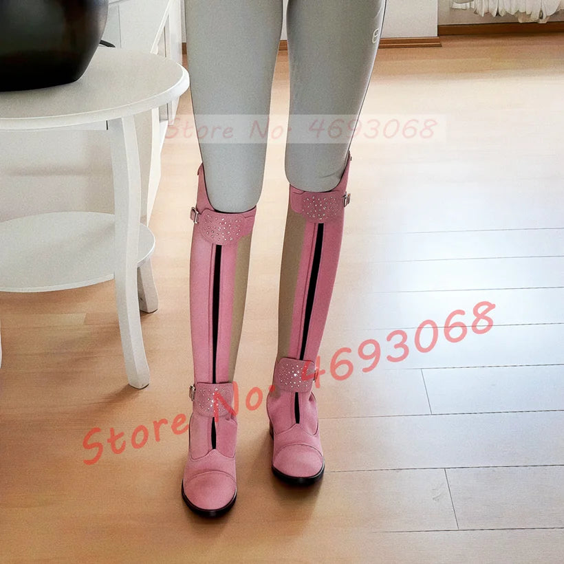 Women's Chunky Med Heel Cow Leather Thigh High Riding Boots