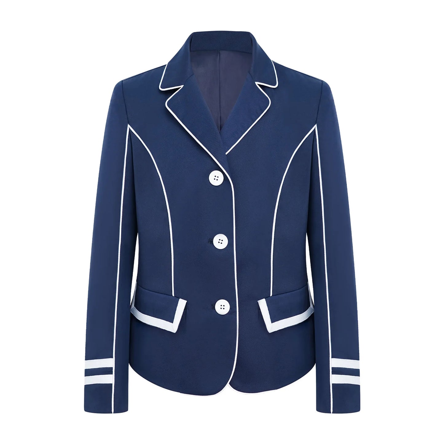 Navy blue blazer with white trim on a white background @ ghoddosh.com