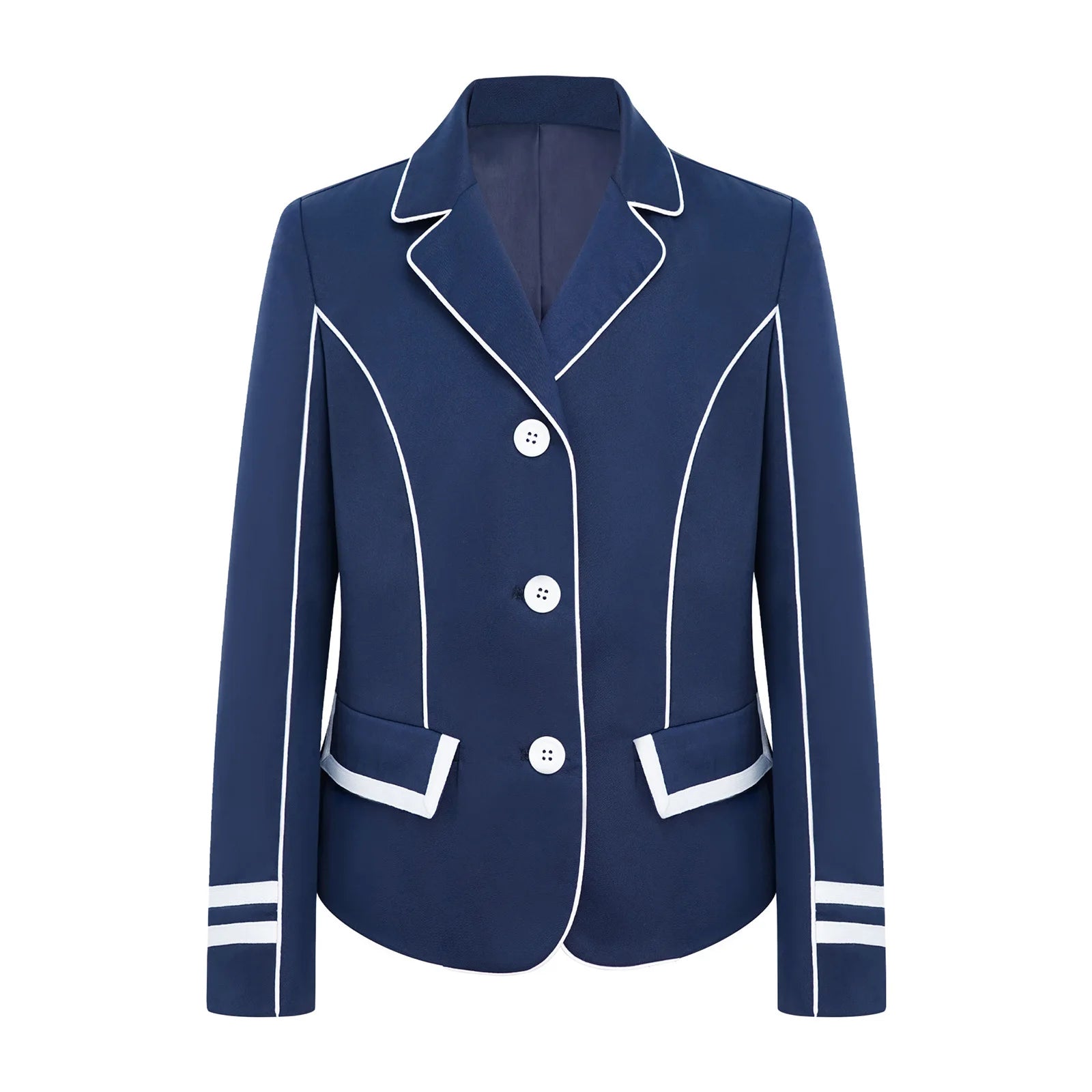 Navy blue blazer with white trim on a white background @ ghoddosh.com