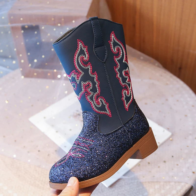 Kids Embroidered Western Cowboy Boots – Unisex Tall Pull-On Cowgirl Boots for Boys and Girls @ ghoddosh.com