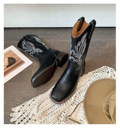 Embroidered brown cowboy boots — square toe and chunky mid-calf heel. - Ghoddosh