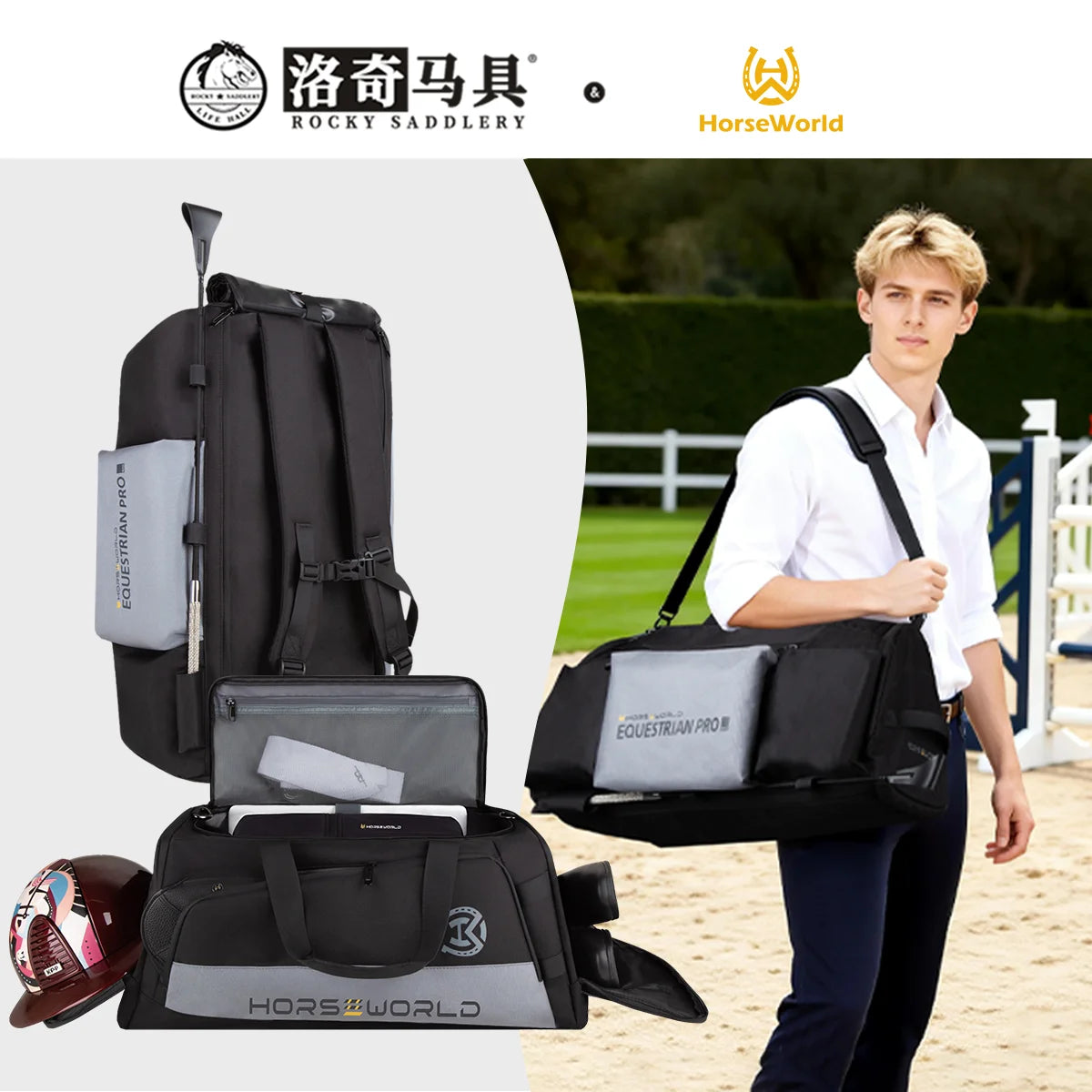 2-in-1 Riding Gear Bag: Convertible Backpack/Crossbody with Individual Pockets for Boots, Helmet & Whip