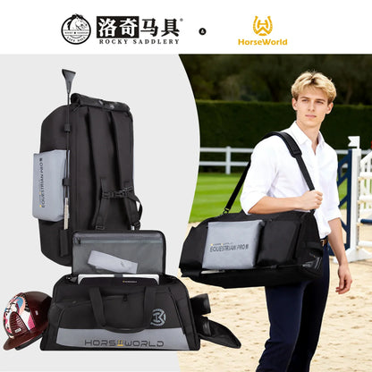 2-in-1 Riding Gear Bag: Convertible Backpack/Crossbody with Individual Pockets for Boots, Helmet & Whip