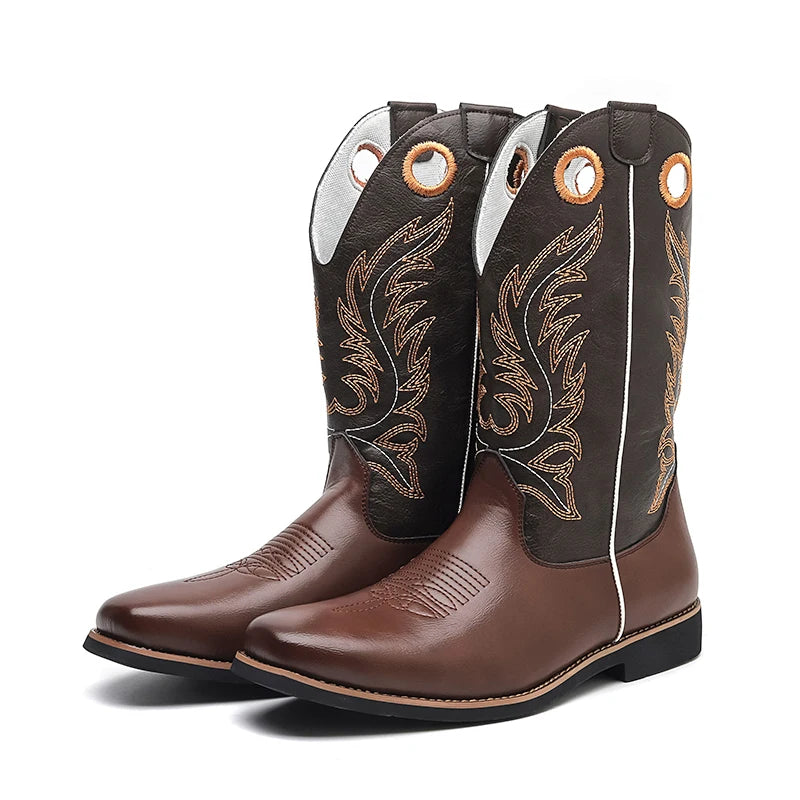 Men’s Knight High-Top  , Square Heels Embroidered Western Cowboy Boots - Ghoddosh