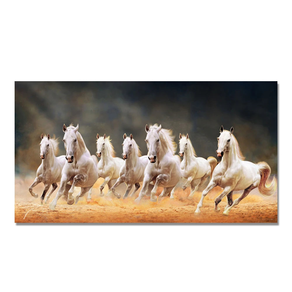 7 White Running Horses Canvas
