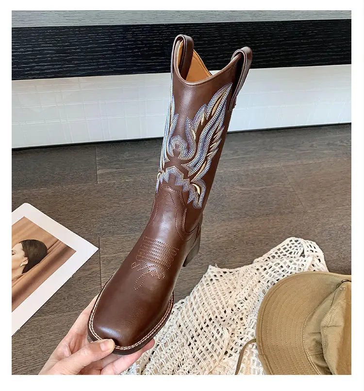 Embroidered brown cowboy boots — square toe and chunky mid-calf heel. - Ghoddosh
