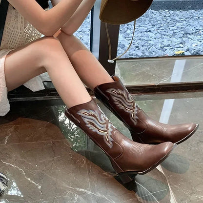 Embroidered brown cowboy boots — square toe and chunky mid-calf heel. - Ghoddosh