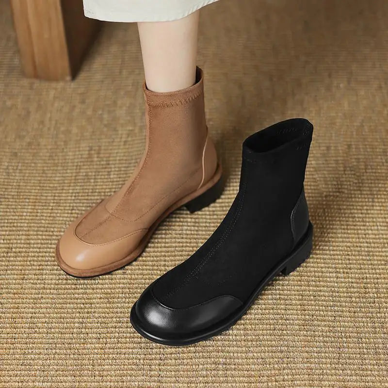 Microfiber Low Heels Modern Chelsea Motorcycle Boots Casual Winter Autumn Vintage Women Elastic Ankle Boots - Ghoddosh 