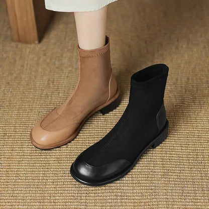 Microfiber Low Heels Modern Chelsea Motorcycle Boots Casual Winter Autumn Vintage Women Elastic Ankle Boots - Ghoddosh 