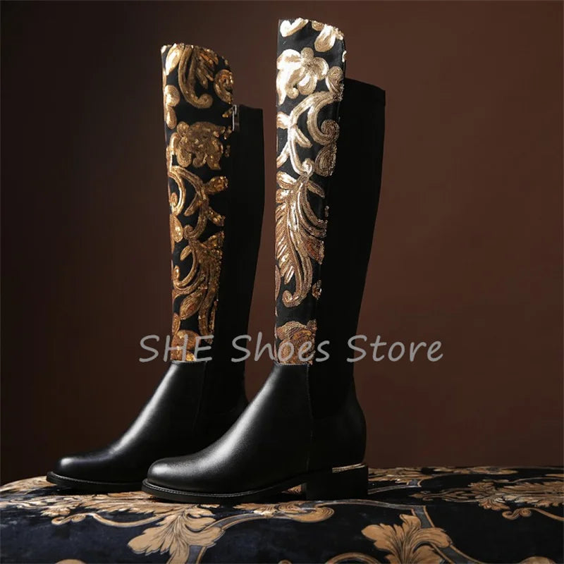 Luxury  Golden Embroidery Women Knee High Boots - Chunky Heel Leather  Round Toe Long Boots @ ghoddosh.com