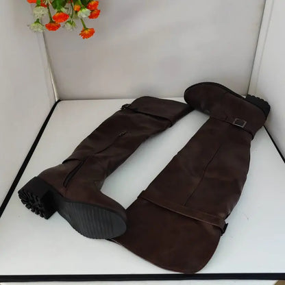 Women's Round Toe Chunky Block Heel Thigh-High Riding Boots with Belt Buckles @ ghoddosh.com