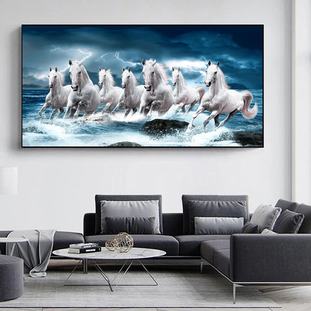 7 White Running Horses Canvas