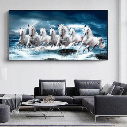 7 White Running Horses Canvas