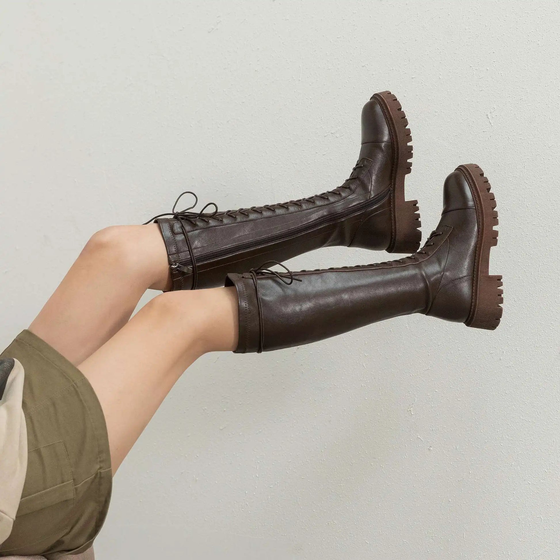 Genuine Leather Round Toe High Heel Riding Boots / Cross-tied Vintage Gladiator Lady Casual Platform Knee-high Boots .Ghoddosh

