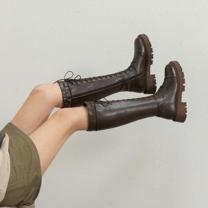 Genuine Leather Round Toe High Heel Riding Boots / Cross-tied Vintage Gladiator Lady Casual Platform Knee-high Boots .Ghoddosh

