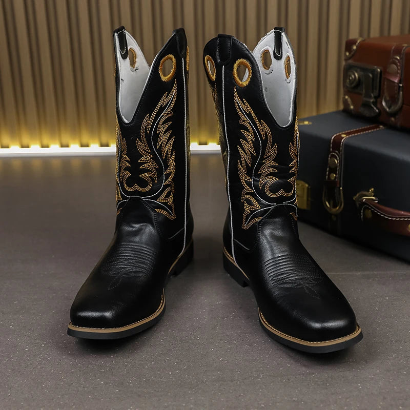 Men’s Knight High-Top  , Square Heels Embroidered Western Cowboy Boots - Ghoddosh