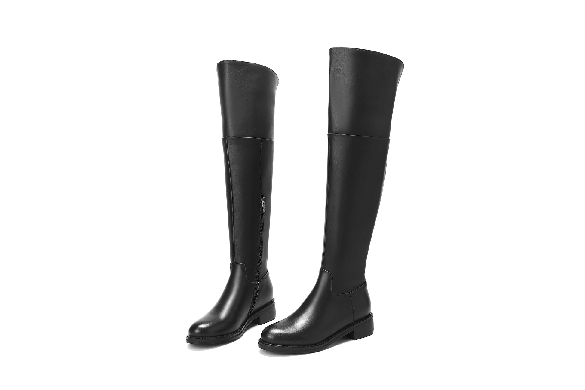 Black Classic Over‑the‑Knee Boots — Cow Leather, Mid Heel, Simple Daily Style - Ghoddosh