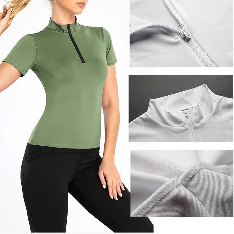 Active Crop Top Sports Women riding Short Sleeve Quarter Zipper