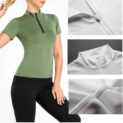 Active Crop Top Sports Women riding Short Sleeve Quarter Zipper